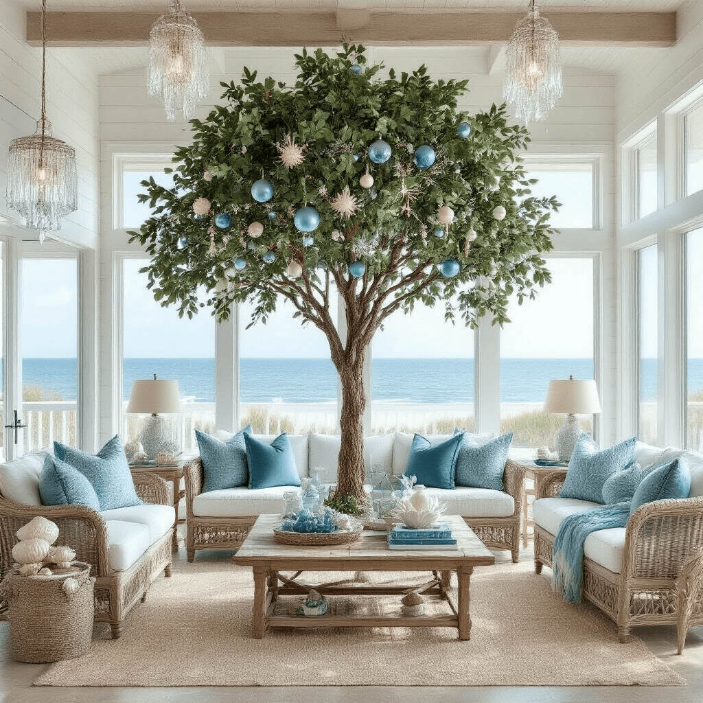 A contemporary coastal great room featuring an 8-foot flocked artificial tree decorated with glass baubles, seashells, and pearl garlands, surrounded by white shiplap walls and oceanfront windows, with slipcovered sofas and driftwood accents, all illuminated by natural light and crystal pendant lighting.