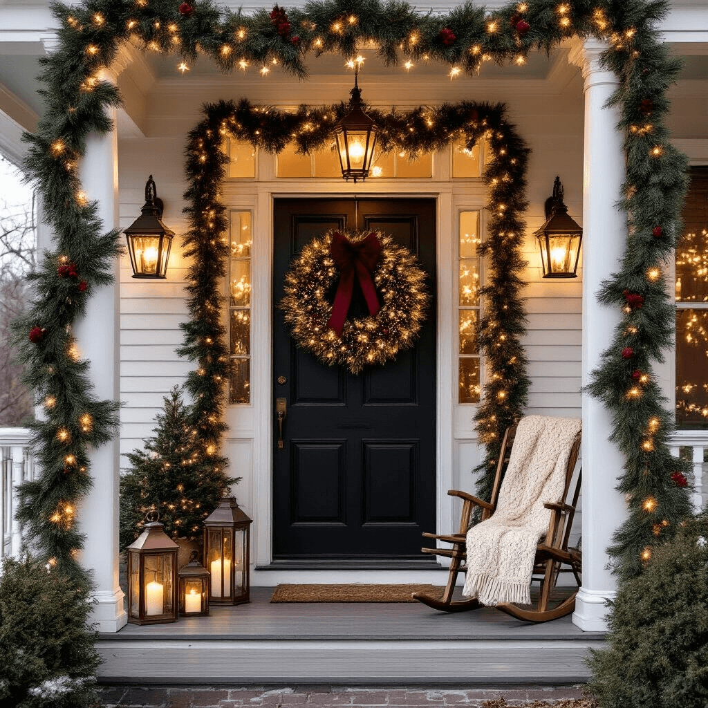 Intimate Victorian-style front porch adorned for the holidays, featuring fresh pine garland and warm white lights, a large wreath with burgundy ribbon, vintage lanterns with flameless candles, and a weathered sled with a cream throw, captured at golden hour with a soft bokeh effect.