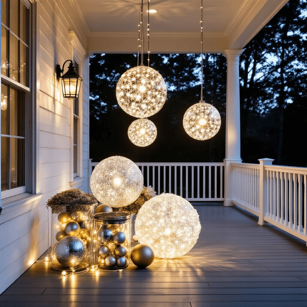 A dramatic nighttime porch scene featuring a 10ft ceiling, classic white railings, and oversized LED sphere lights in varying sizes, illuminating the space. Warm white string lights are woven through transparent glass containers filled with silver and gold ornaments, creating a modern sculptural effect. The camera is positioned low, capturing the interplay of light and shadows with a long exposure, emphasizing a monochromatic white and silver scheme with gold accents.