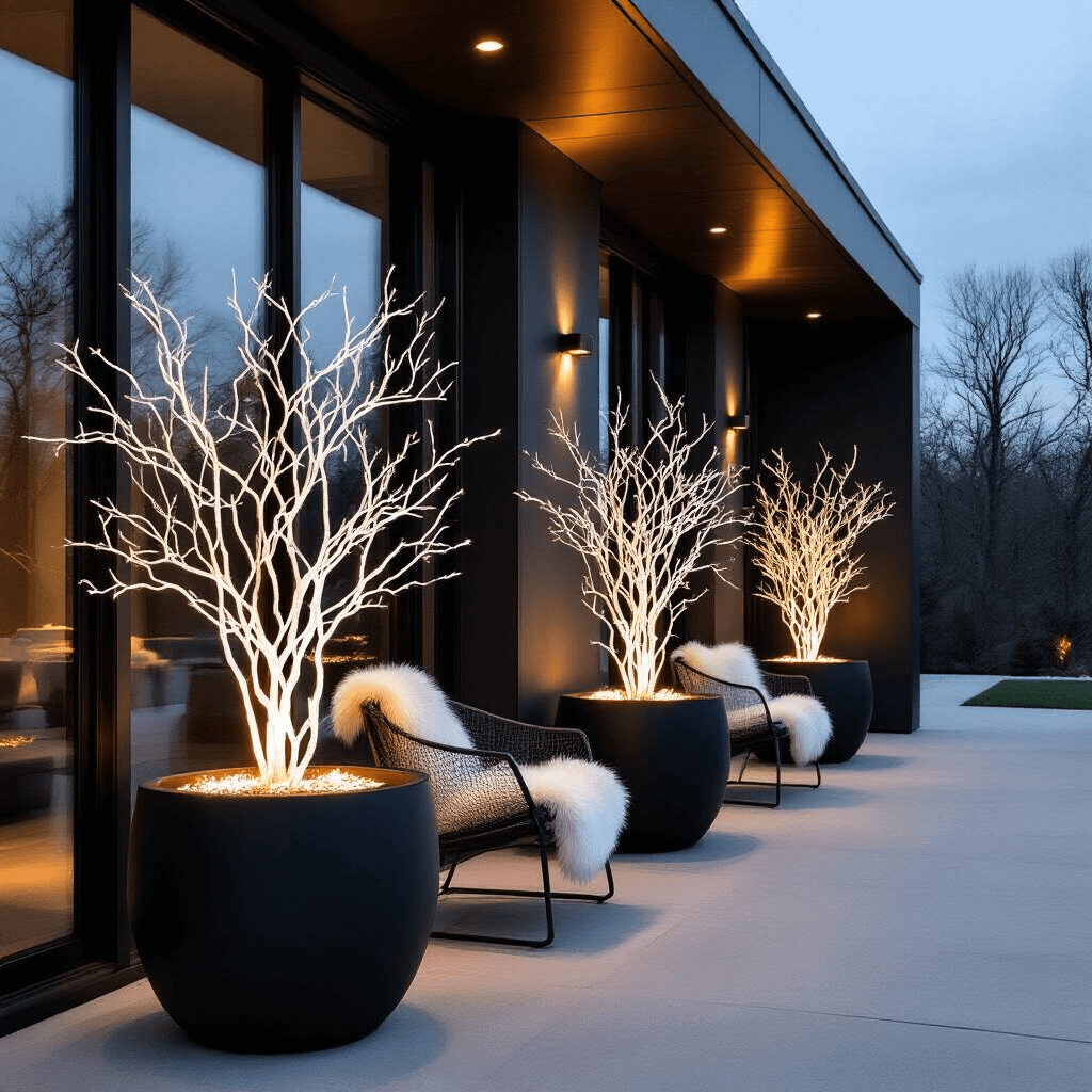 Contemporary minimalist porch featuring floor-to-ceiling windows, oversized matte black planters with illuminated white branches, geometric LED light installations, and ghost chairs with faux fur throws, captured at blue hour with a focus on clean lines and reflections amidst a palette of black, white, silver, and warm amber lighting accents.