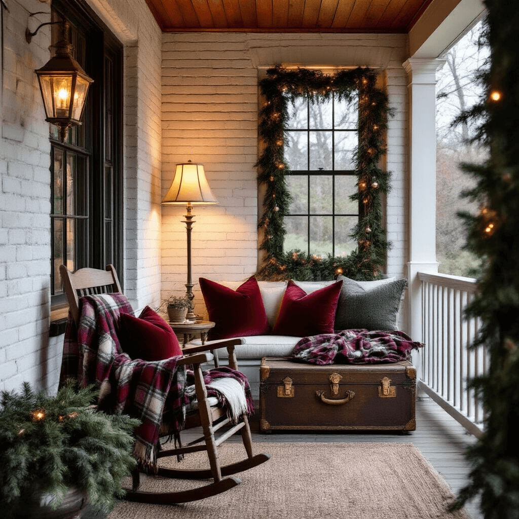 Cozy porch nook at dusk featuring a whitewashed brick wall and cedar plank ceiling, with an oversized rocking chair adorned with plaid blankets and velvet pillows. A brass floor lamp provides warm light on an antique trunk used as a side table. Fresh pine garland with vintage glass ornaments frames the window, captured from an intimate corner angle in soft focus and moody lighting with colors of hunter green, cranberry red, aged brass, winter white, and deep brown.