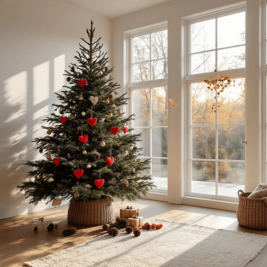 A cozy living room at golden hour, featuring a 7ft Norwegian spruce decorated with wooden ornaments and red felt hearts, sunlight streaming through floor-to-ceiling windows, and warm oak flooring with a cream wool rug. The tree is in a woven seagrass basket against white walls, surrounded by pine cones and dried orange garlands, with LED window candles and string lights adding a soft bokeh effect.