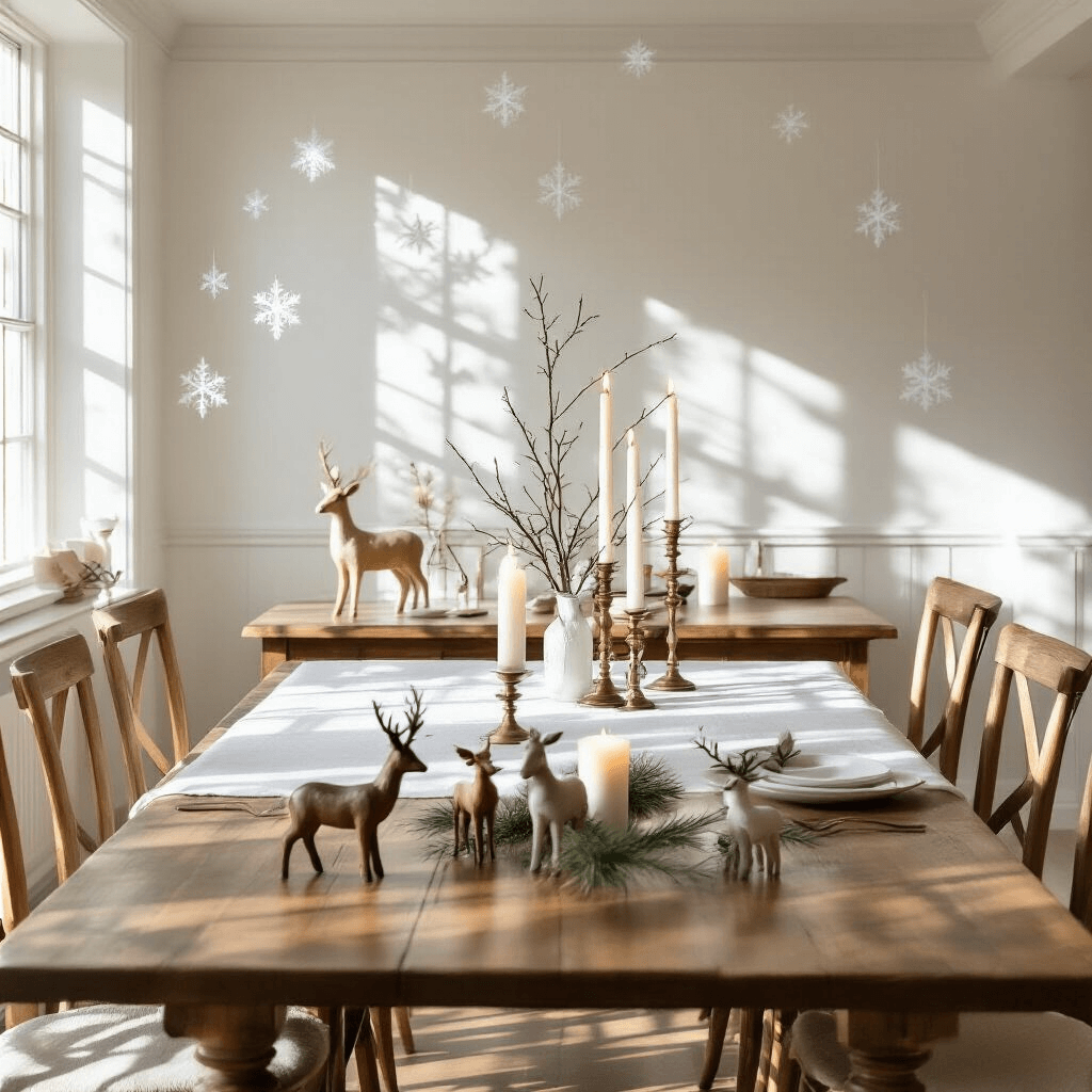 Intimate dining room scene featuring a long oak table with a minimal pine branch runner and brass candleholders, illuminated by early evening light and multiple white taper candles casting dramatic shadows. The space has white walls adorned with paper snowflakes and natural wood chairs, with Dala horses and small deer figurines artfully arranged, captured at eye level with soft focus.