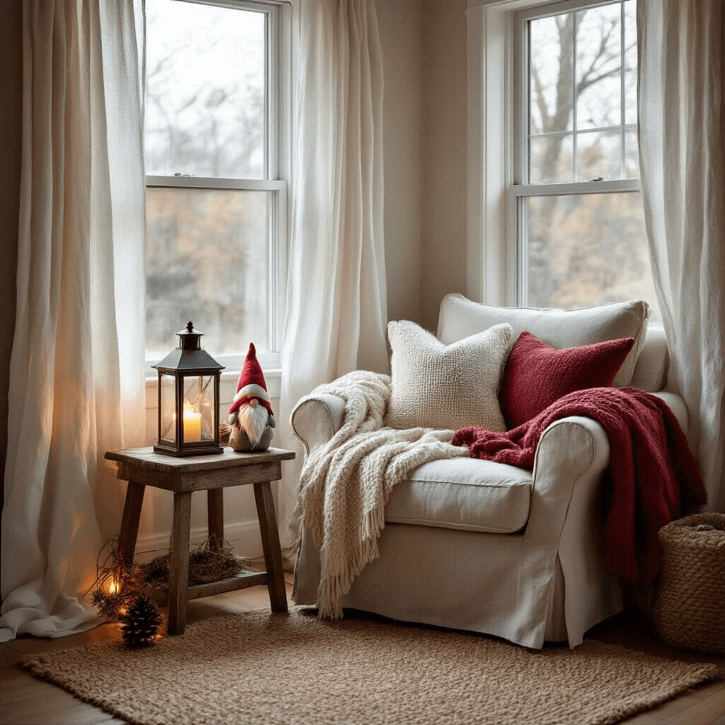 Cozy reading nook in a corner space at dusk, featuring a large picture window with sheer white curtains, an oversized oatmeal linen armchair with chunky knit throws, a weathered wooden side table with an LED lantern and a Nordic gnome, and a natural jute rug, all framed by window frost and a pine cone twine garland.