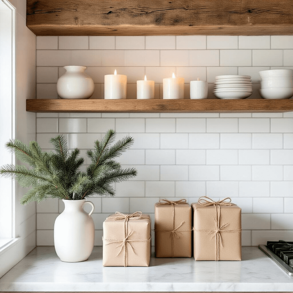 A cozy kitchen vignette featuring white subway-tiled walls and exposed wooden beams, illuminated by morning light. Open shelving displays minimalist advent candle holders and white ceramics, while natural kraft paper-wrapped gifts tied with twine are staged on a marble counter. Copper accents shimmer, and fresh pine branches in a white ceramic vase provide an organic touch. The image is focused on the shelf arrangement with a soft background blur.