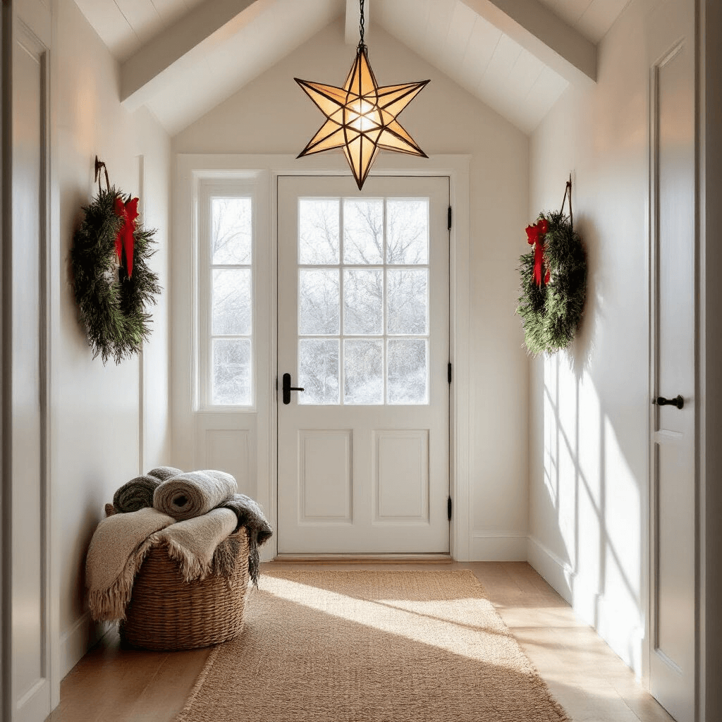 Entryway in a small space featuring a vaulted ceiling, with late afternoon light filtering through a frosted glass door. A traditional Scandinavian star pendant light casts geometric shadows. A simple pine wreath with a red ribbon adorns the white door, and a woven basket holds rolled wool blankets in neutral tones. A natural sisal runner guides the viewer's eye through the scene.