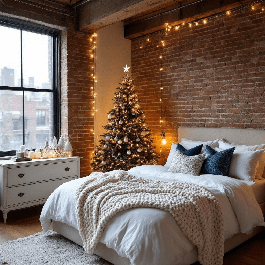 Cozy urban bedroom at dusk featuring an exposed brick accent wall, a queen bed with crisp white linens and a chunky cable-knit throw, metallic silver and ice blue Christmas pillows, a flocked tabletop tree on a vintage dresser with Scandinavian-style ornaments, warm white string lights along exposed beams, captured from the doorway with low-key lighting.