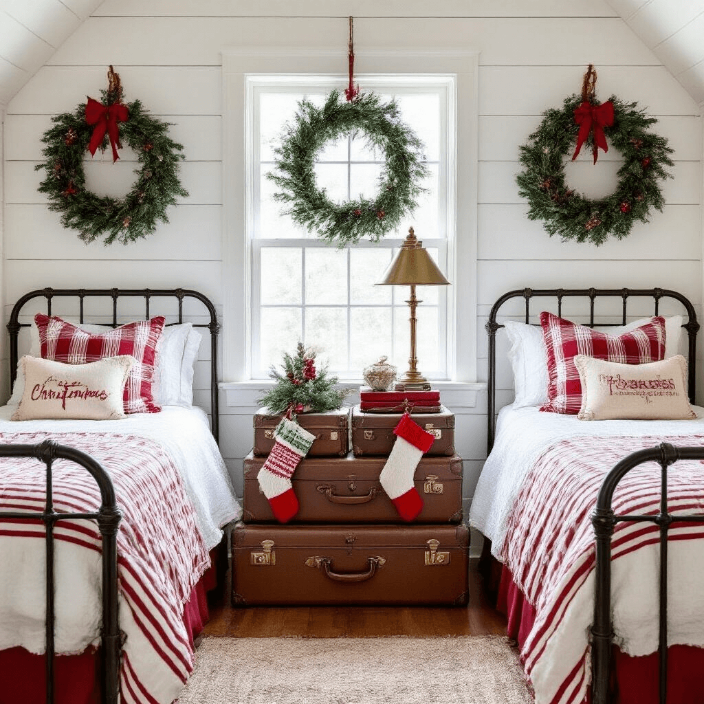 Charming guest bedroom with twin iron beds in red and white linens, hand-knitted Christmas stockings, and nostalgic pillows; vintage suitcases as nightstand with an antique brass lamp wrapped in pine garland; white shiplap walls adorned with wreaths; bright, airy morning light emphasizing symmetry and holiday charm.