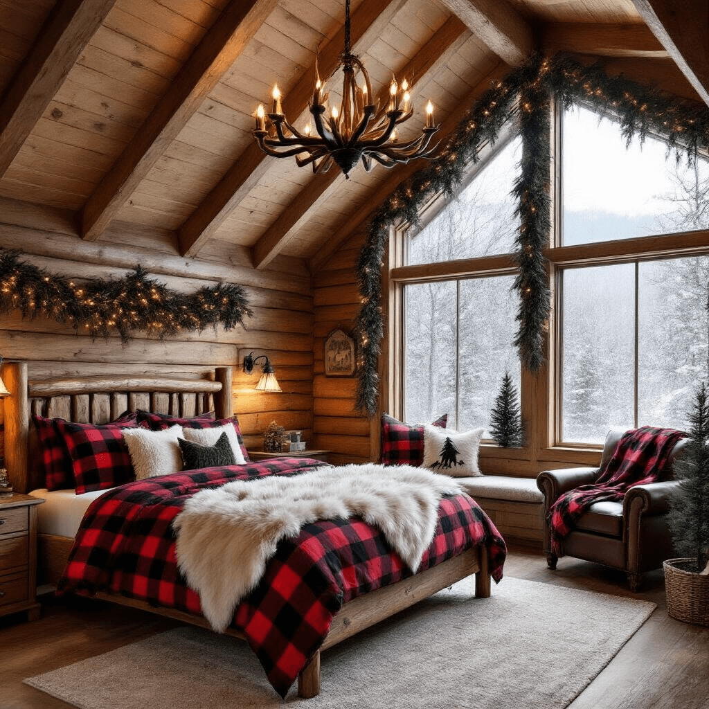 Cozy rustic mountain cabin bedroom with a queen log bed in buffalo check bedding, faux fur throws, and woodland pillows, featuring a vaulted ceiling with exposed beams, antler chandelier, and a reading nook with a leather chair, all under gentle snowfall and warm lighting.