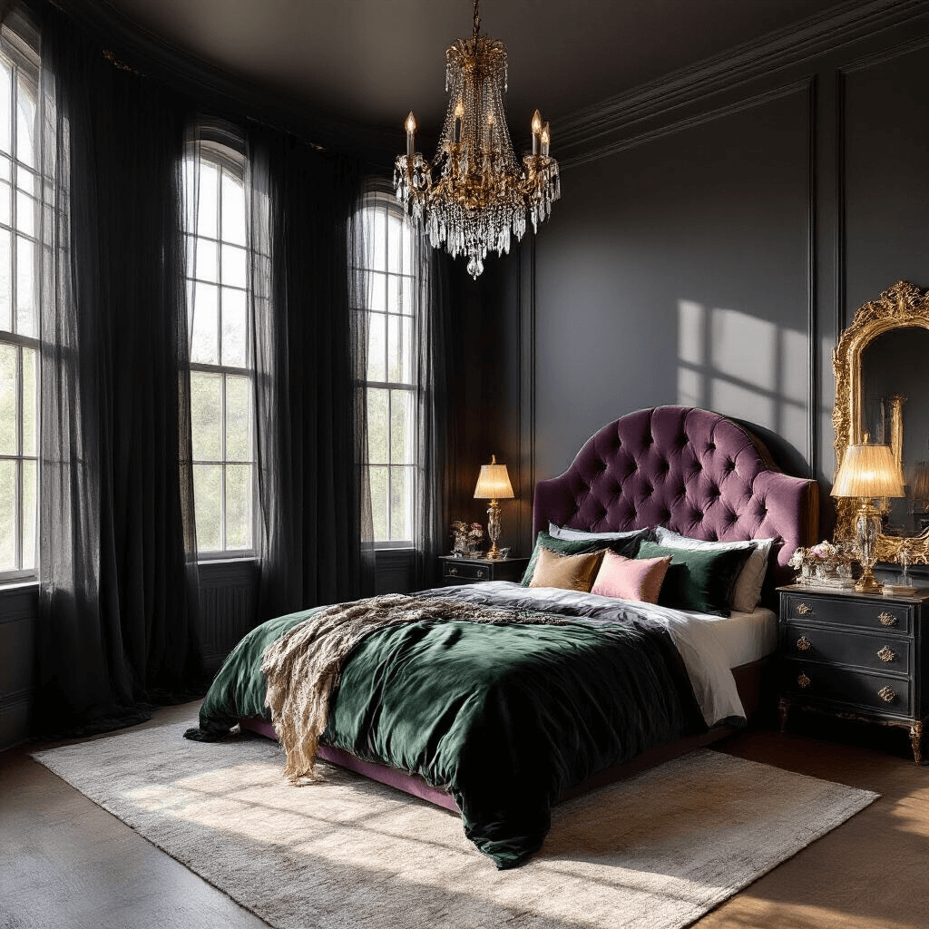 A cozy 14x16ft bedroom featuring dramatic charcoal walls, a tufted velvet headboard in deep plum, and sunlight filtering through sheer black curtains. The room includes a brass chandelier, mercury glass table lamps, and a king bed layered with silk sheets, a velvet duvet, and decorative pillows. An oversized antique gold mirror and a black Victorian dresser with crystal perfume bottles complete the space, anchored by a vibrant Persian rug.