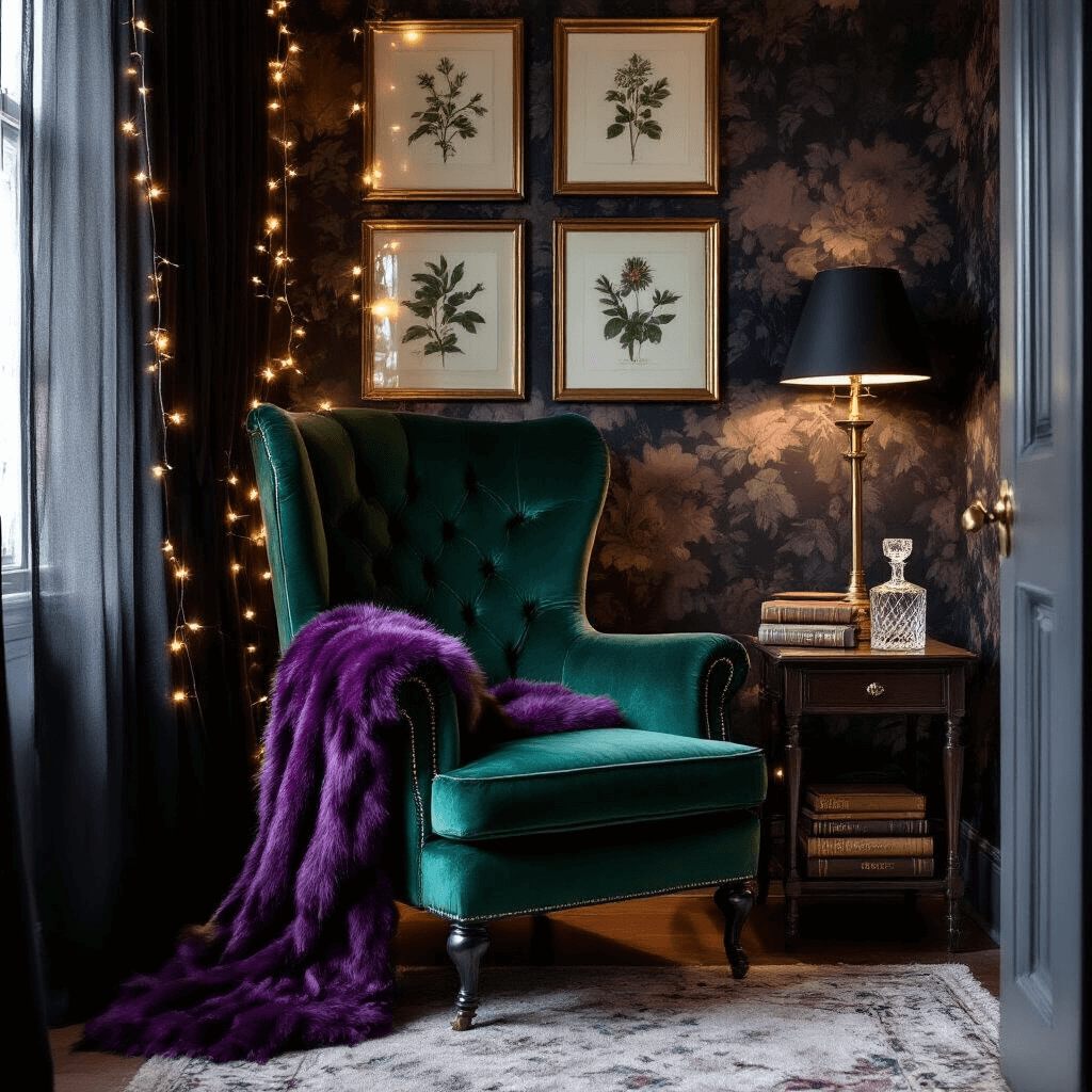 A moody boudoir corner captured from a doorway, featuring an emerald velvet accent chair beneath a gallery wall of vintage botanical prints, adorned with fairy lights and a brass floor lamp casting soft light. A dark mahogany side table holds leather-bound books and a crystal decanter, while a deep purple faux fur throw drapes elegantly over the chair, against a backdrop of dark floral wallpaper.