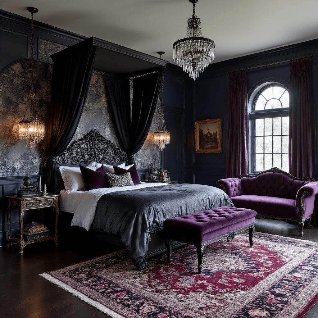 A wide-angle view of a twilight bedroom featuring a canopy bed with a black iron frame, adorned with charcoal silk, burgundy velvet, and silver satin bedding. Crystal pendant lights hang above, illuminating dark wainscoting and navy walls with baroque wallpaper. A deep purple tufted chaise is positioned beneath arched windows with heavy velvet drapes. Antique brass nesting tables display black candles and art deco accessories, while a large vintage Persian rug in jewel tones anchors the dark hardwood floor.