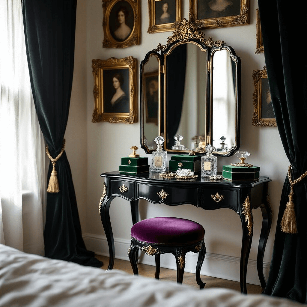 A close-up of an elegant vanity featuring a black lacquered surface with curved legs, a gold-bordered triptych mirror, crystal perfume bottles, and vintage jewelry boxes on deep green velvet. A plum velvet stool is tucked underneath, while sheer black curtains softly diffuse morning light, casting shadows over a gallery wall of Victorian-era portraits in ornate gold frames.