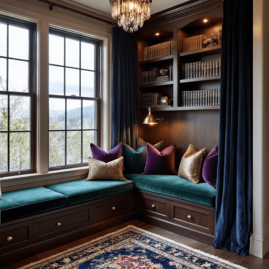 A cozy bedroom alcove at blue hour featuring a reading nook with an emerald velvet window seat, adorned with navy, plum, and metallic gold pillows, flanked by dark mahogany bookshelves filled with leather-bound books and brass decor. A vintage brass library lamp illuminates the space beneath a glamorous crystal flush-mount fixture, while midnight blue velvet curtains frame leaded glass windows, and a jewel-toned hand-knotted Oriental runner leads into the nook.