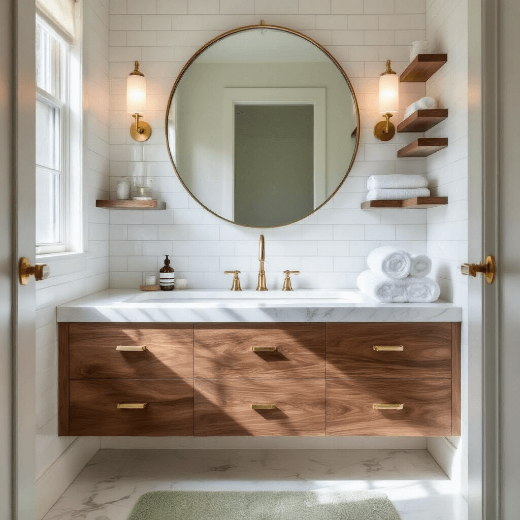 A compact bathroom with white subway tiles and a floating marble vanity, featuring soft morning light from a frosted window, an oversized round mirror, walnut shelves with towels and containers, a sage green bath mat, all captured at eye level with shallow depth of field.