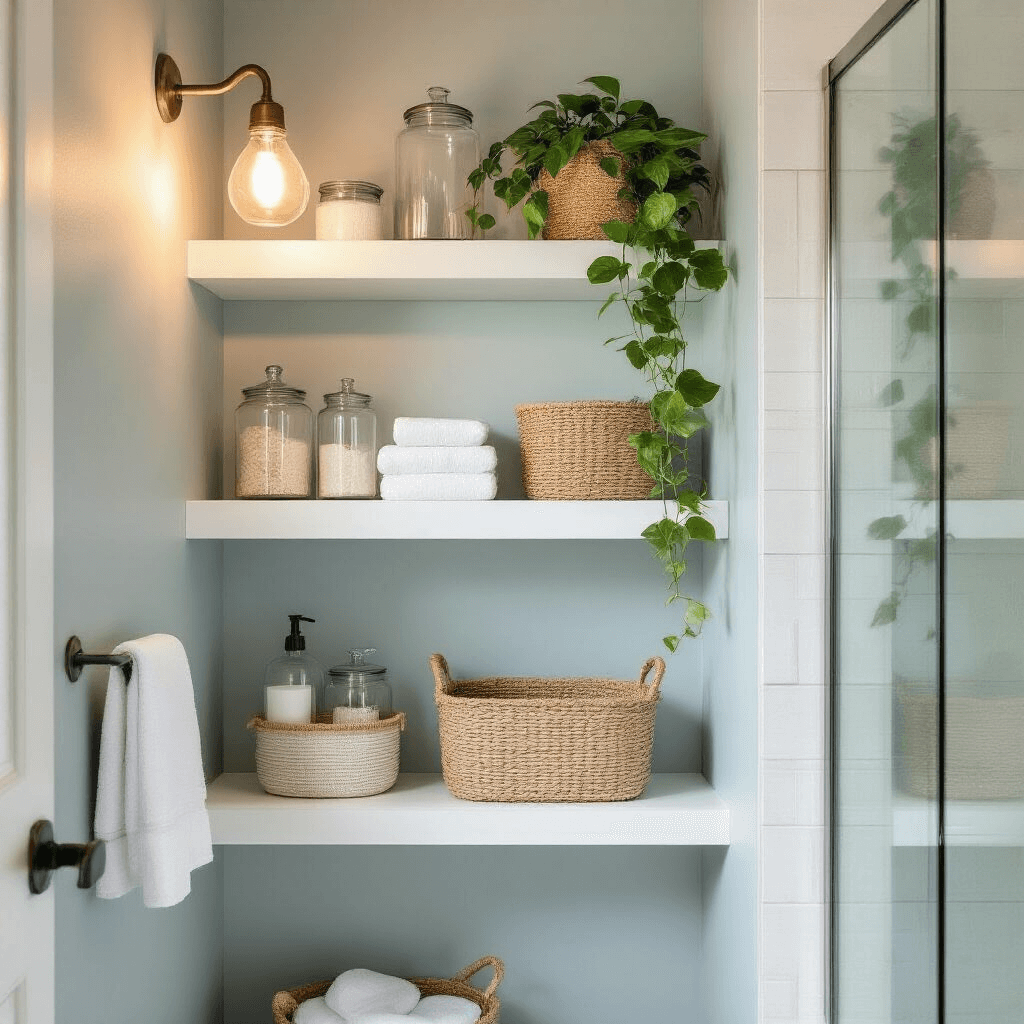 Intimate bathroom corner with vertical storage solutions, including floating shelves in matte white showcasing apothecary jars, baskets, and a pothos plant, under warm golden hour light; features a glass shower partition and pale blue-gray walls, with textural jute basket and cream hand towels.