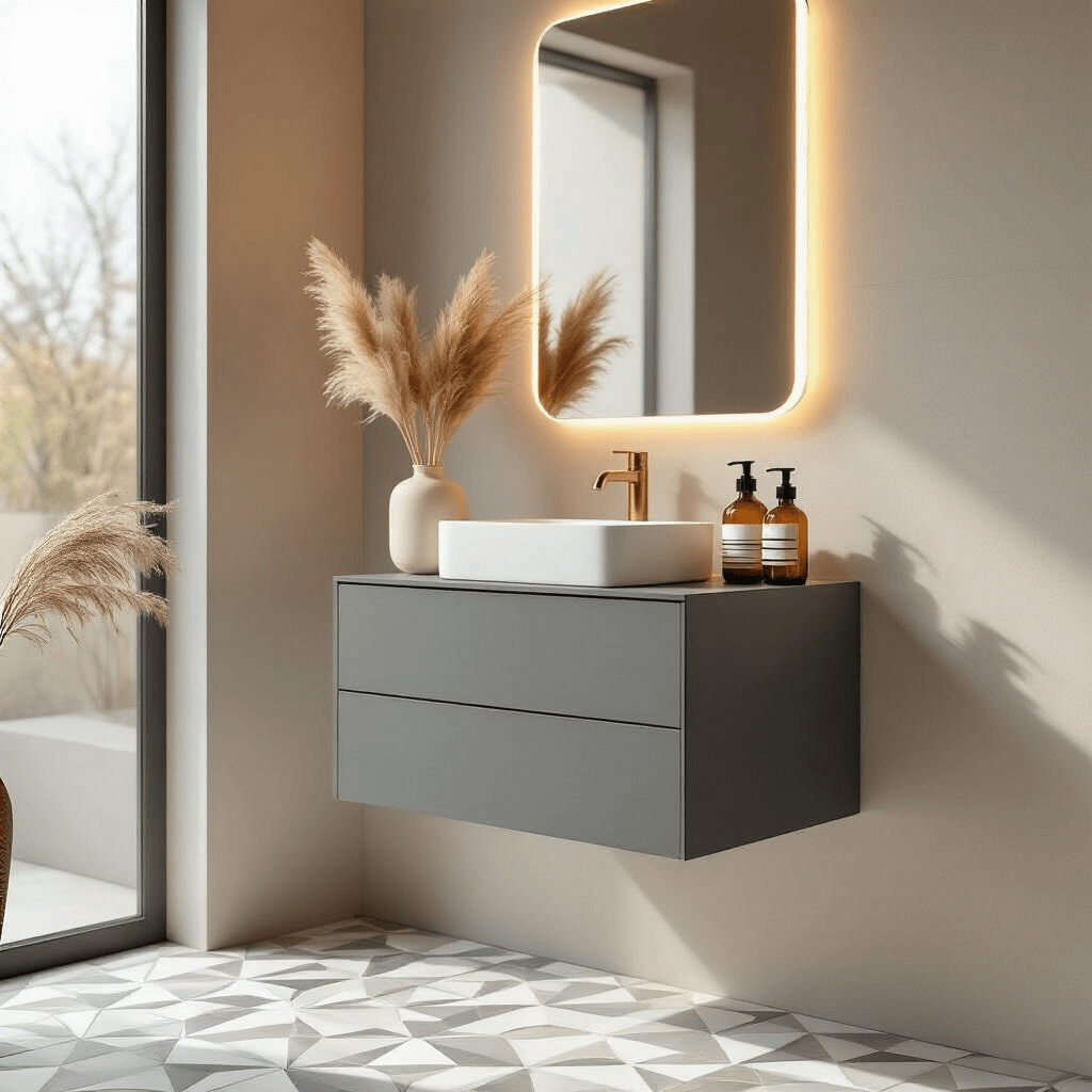 A low-angle shot of a modernist bathroom vignette featuring a matte charcoal wall-mounted compact vanity above geometric greige and white floor tiles, illuminated by a slim LED-lit mirror under soft afternoon light. The scene is styled with a minimalist ceramic vessel of dried pampas grass and amber glass toiletry bottles, highlighting warm grays, crisp whites, and subtle brass accents. Strong side lighting emphasizes texture and form while maintaining shadow detail.