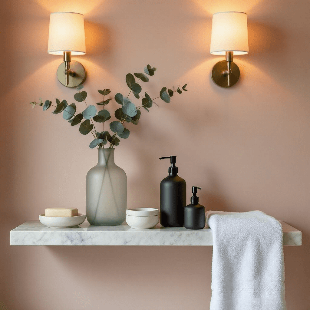 Elegant bathroom scene at dusk featuring a marble-topped floating shelf with a tall frosted glass vase of eucalyptus, matte black dispensers, and ceramic trinket dishes. Warm LED sconces illuminate pale blush walls, with brushed nickel accents and a plush white Turkish cotton towel elegantly draped from a wall hook. Shot from above to highlight depth and layering.