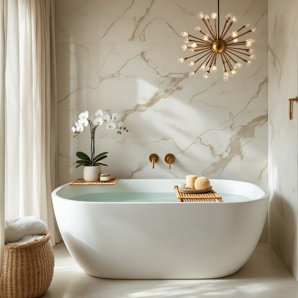 A serene spa-inspired bathroom corner featuring a matte white freestanding soaking tub, large-format marble-effect porcelain tiles, a bamboo bath caddy with artisanal soap and a potted orchid, and a brushed gold sputnik chandelier, all bathed in soft mid-morning light.