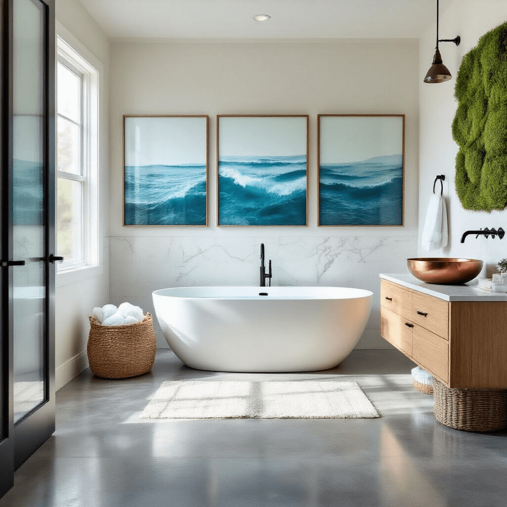 A spacious modern bathroom featuring a freestanding white oval tub, polished concrete floors, and a bamboo floating vanity with a copper vessel sink, illuminated by morning light through a frosted window. The walls are marble-veined white adorned with oversized ocean prints, complemented by matte black fixtures and textured decor elements in a slate grey, arctic white, copper, and deep teal color palette.