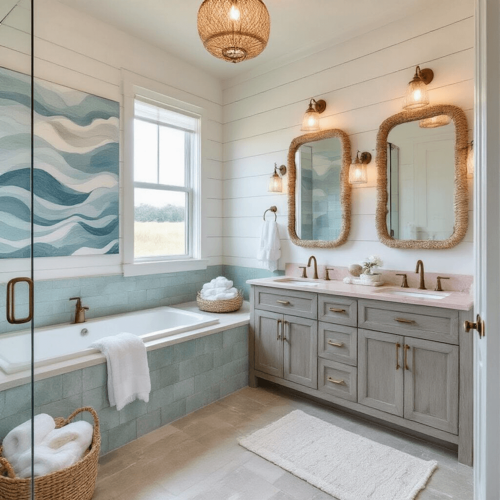 Airy master bathroom featuring a weathered white shiplap wall, floor-to-ceiling abstract wave canvas prints, and a floating driftwood grey double vanity with shell-pink quartz. Accents include Turkish cotton towels, a rope-wrapped mirror, and a capiz shell chandelier, all in a fog grey, shell pink, sea foam, and sandy beige palette.