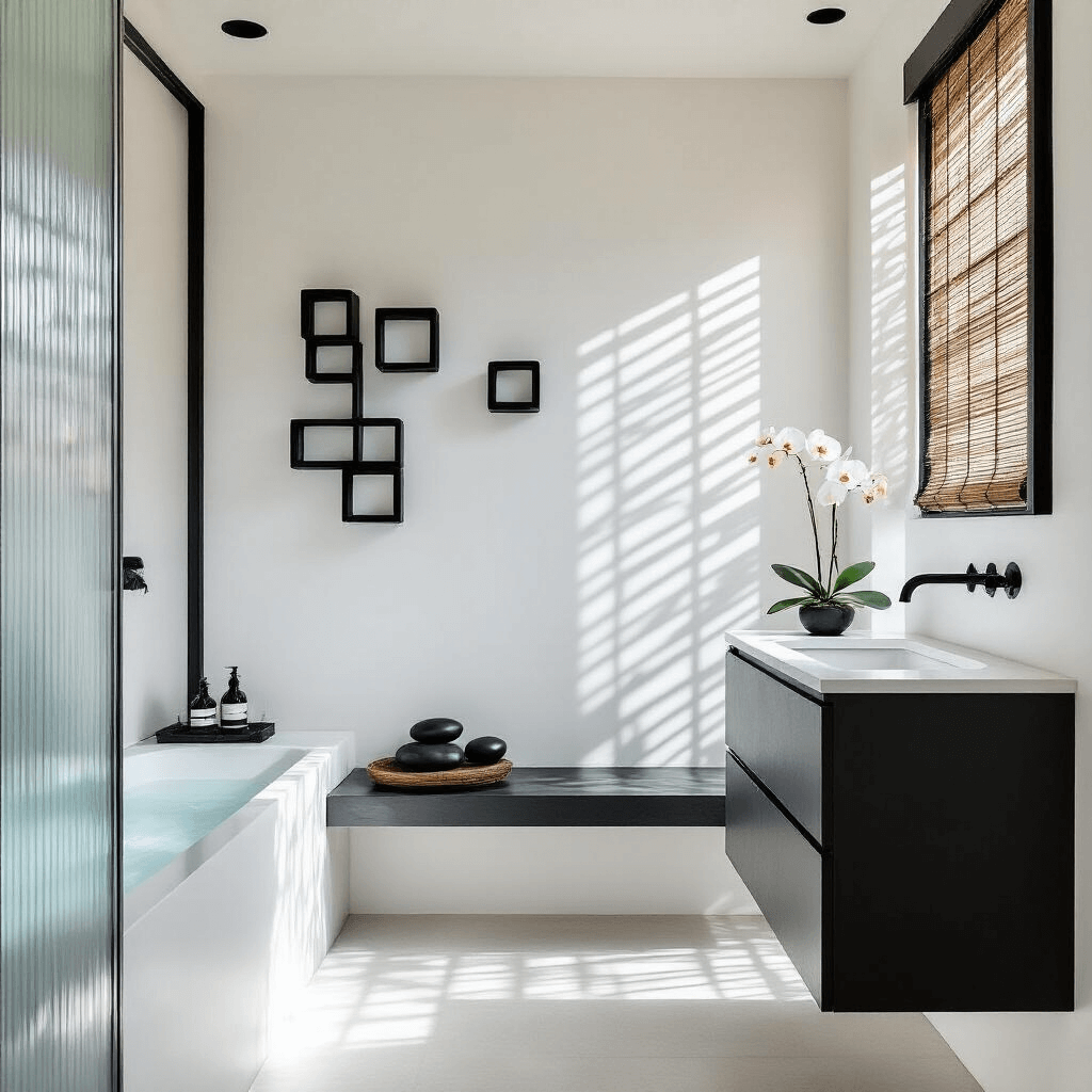 A minimalist zen bathroom featuring clean white walls, black geometric sculptures, a wall-mounted matte charcoal vanity with a waterfall countertop, and a floor-to-ceiling window with bamboo shades casting shadows. Textural elements include ribbed glass panels and black river rocks, with a single orchid stem and jade green accents. Shot at midday for bright natural light.