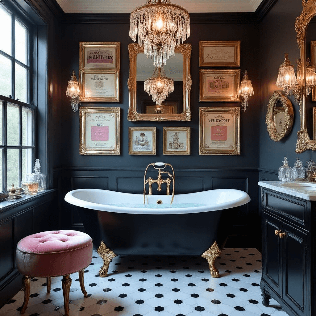 A vintage glam bathroom featuring a clawfoot tub painted matte black with gold feet, surrounded by mercury glass frames of vintage perfume ads, a crystal chandelier casting light patterns, and marble hexagon tiled floors, all captured during blue hour.