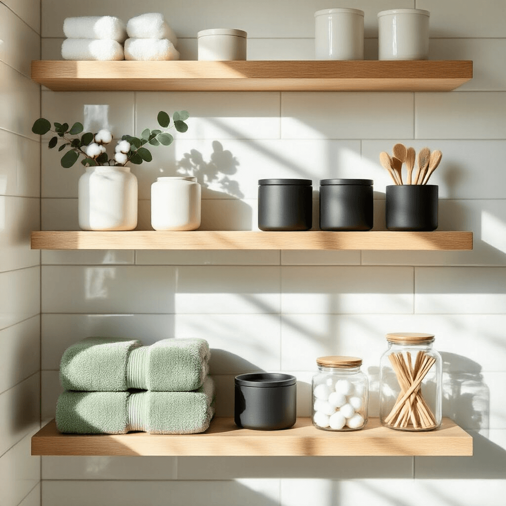 A bright modern minimalist bathroom featuring three floating wooden shelves adorned with matte black containers, white ceramic vessels, and eucalyptus sprigs, with Turkish hand towels rolled in sage green and cream. Soft morning light from a frosted window enhances the clean Scandinavian aesthetic.