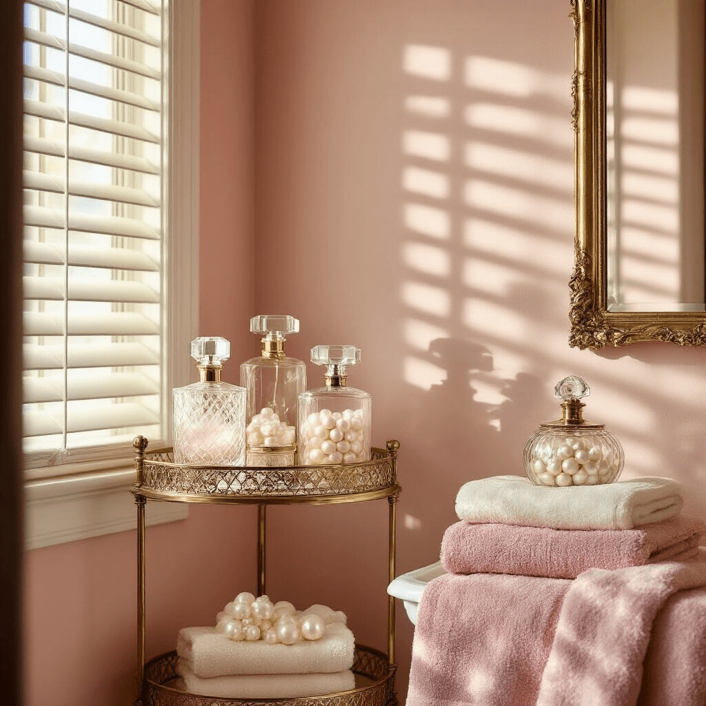 A vintage glamour bathroom vignette featuring an antique brass étagère against blush pink walls, illuminated by golden hour light. The scene includes crystal perfume bottles, mercury glass containers, gilt-framed mirror fragments, and vintage apothecary jars with pearl-like bath bombs, complemented by rich textured towels in dusty rose and cream. The shot is taken from a low angle, emphasizing height in a moody atmosphere with dramatic lighting on metallic elements.