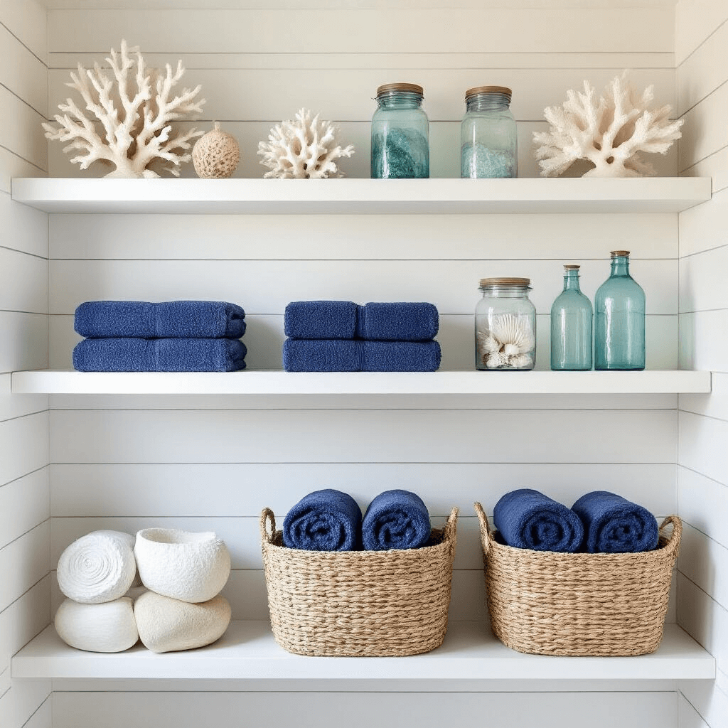 Wide-angle view of a serene 12x8ft bathroom featuring a shiplap accent wall, three white floating shelves, natural seagrass baskets with navy towels, a sea glass collection in mason jars, white coral specimens, blue-tinted bottles, and textured ceramic pieces in sand and foam white, all under cool daylight.