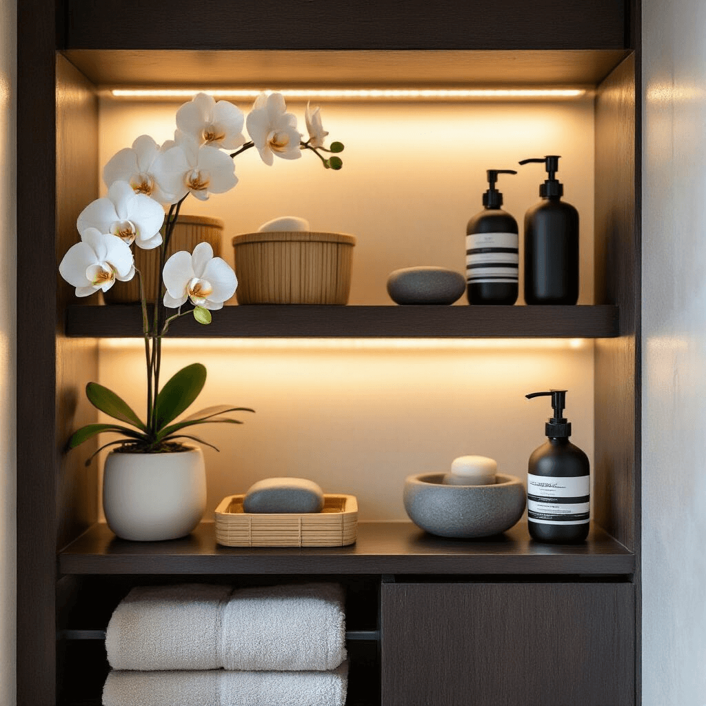 Close-up of a spa-inspired bathroom alcove featuring dark wood shelving, soft overhead and LED strip lighting, natural bamboo containers, stone soap dishes, matte black dispensers, fresh orchids in white pots, and textured greige linen towels, conveying a calm and serene atmosphere.