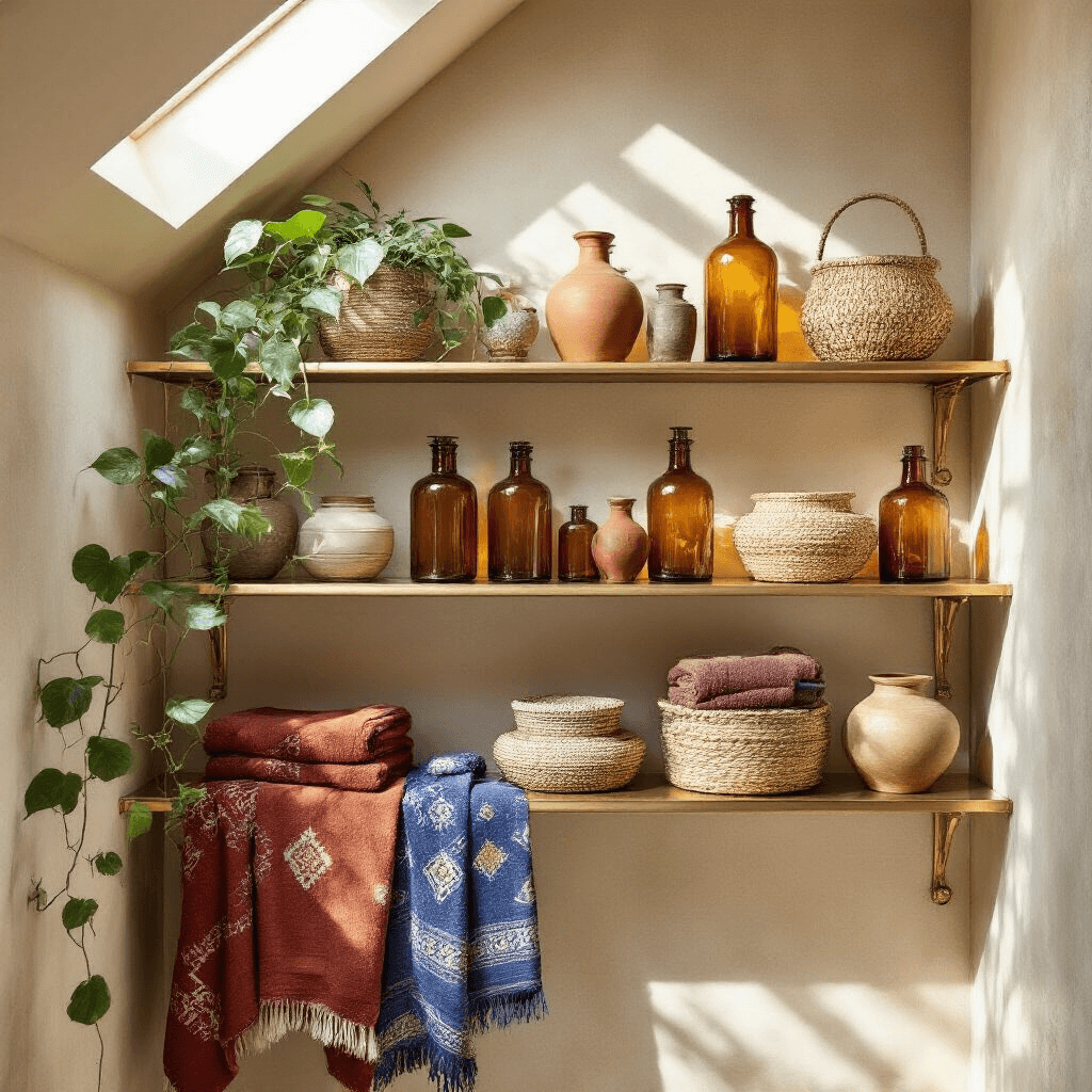A 9ft bathroom wall featuring brass-framed floating shelves adorned with vintage amber bottles, handwoven baskets, and earthy ceramic vessels, illuminated by late morning light from a skylight. Trailing pothos plants provide organic movement, while Moroccan-inspired rust and indigo towels enhance the color story, all captured from a slight upward angle to highlight the vertical arrangement and warm, inviting atmosphere.