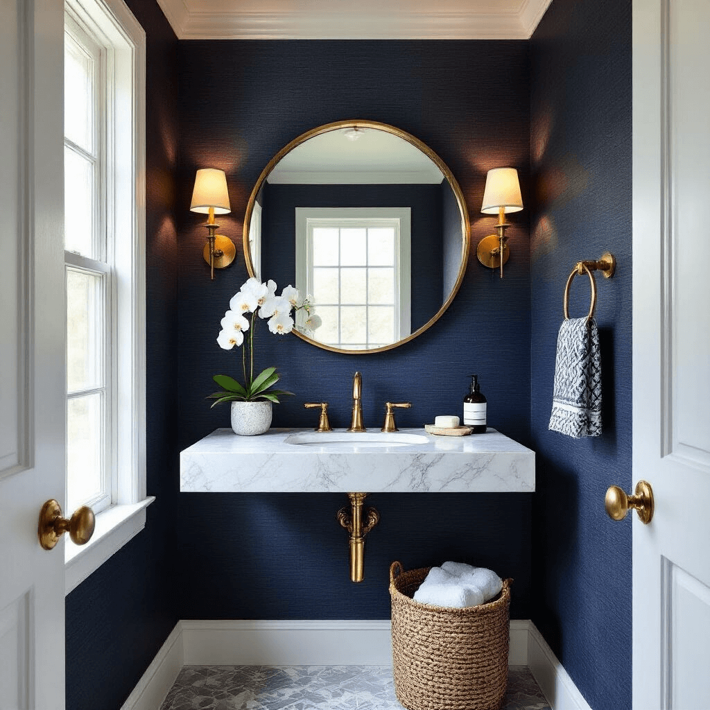 Elevate Your Half Bathroom: Stunning Decor Secrets Revealed A half bathroom featuring dark navy grasscloth wallpaper, a round brass mirror above a white marble vanity, and warm lighting from dual brass sconces, with a white orchid and marble accessories displayed, all illuminated by afternoon sunlight.