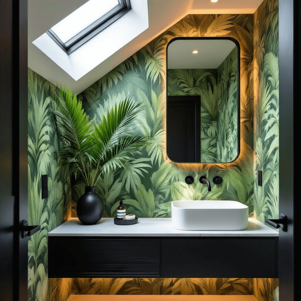 Elevate Your Half Bathroom: Stunning Decor Secrets Revealed Intimate powder room featuring emerald green palm leaf wallpaper, a matte black floating vanity with a white quartz vessel sink, and a large black-framed mirror, all illuminated by natural light from a skylight.