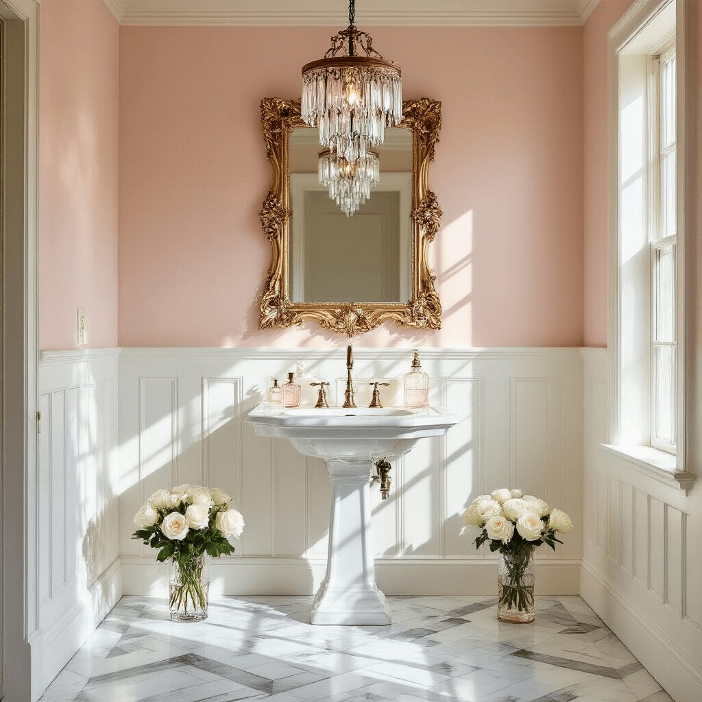 Elevate Your Half Bathroom: Stunning Decor Secrets Revealed A vintage glam bathroom featuring white beadboard wainscoting and soft blush pink upper walls, with a crystal pendant light casting prismatic patterns. An antique gold baroque mirror hangs above a pedestal sink with a bridge faucet, set on a herringbone marble floor. The space is styled with crystal perfume bottles and white roses in a mercury glass vase, illuminated by a mix of soft window light and warm artificial lighting.