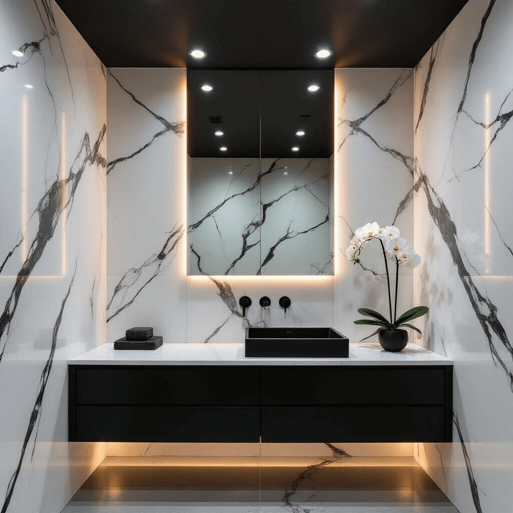 Elevate Your Half Bathroom: Stunning Decor Secrets Revealed A contemporary monochrome bathroom featuring large-format white marble-effect porcelain panels with black veining, a floating black vanity with a waterfall quartz top, recessed ceiling lights, a backlit LED mirror, and styled with a single white orchid stem.