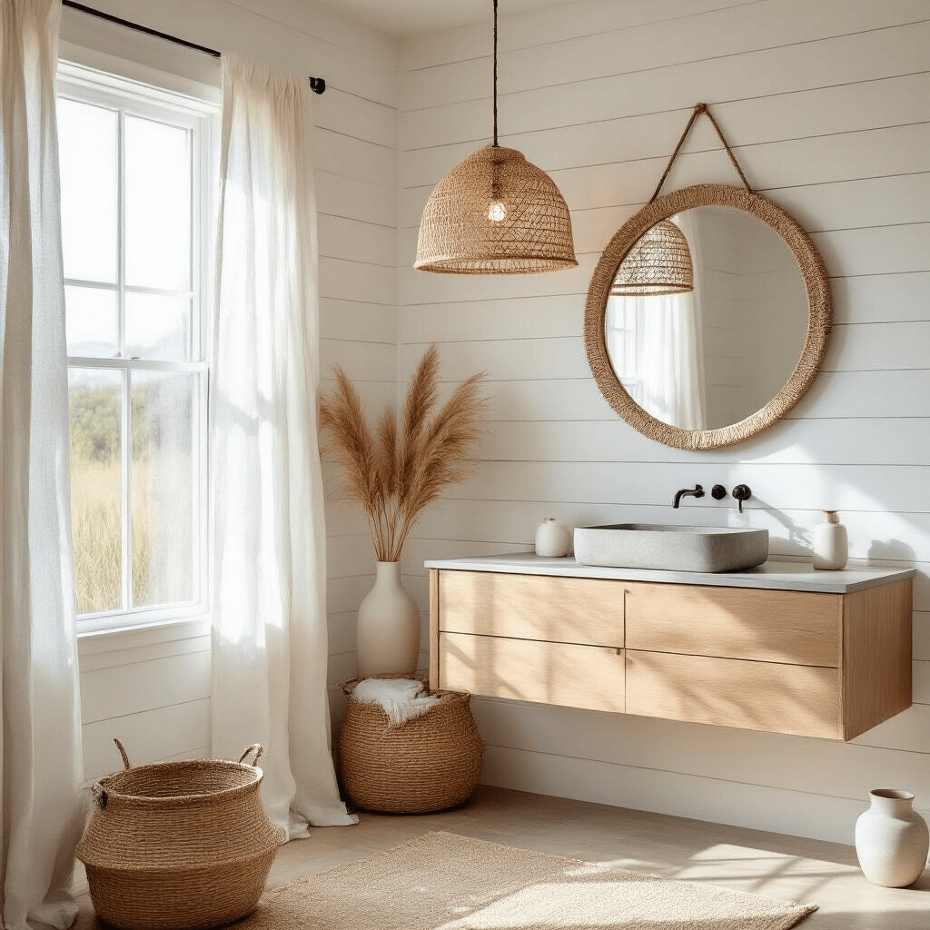 Elevate Your Half Bathroom: Stunning Decor Secrets Revealed Bright coastal modern minimal room with warm white shiplap walls, large window with white linen café curtain, pale oak floating vanity with concrete sink, round rattan mirror, and woven pendant light, styled with seagrass basket, white ceramic vessels, and dried pampas grass, shot from a corner to showcase depth and natural light.