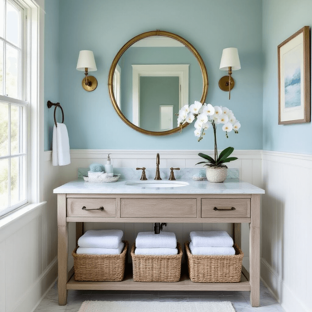 Bright and airy coastal guest bathroom featuring soft sea-glass blue walls, white wainscoting, a marble-topped floating vanity in weathered oak, and a round brass-framed mirror, accentuated by natural light filtering through a large window.