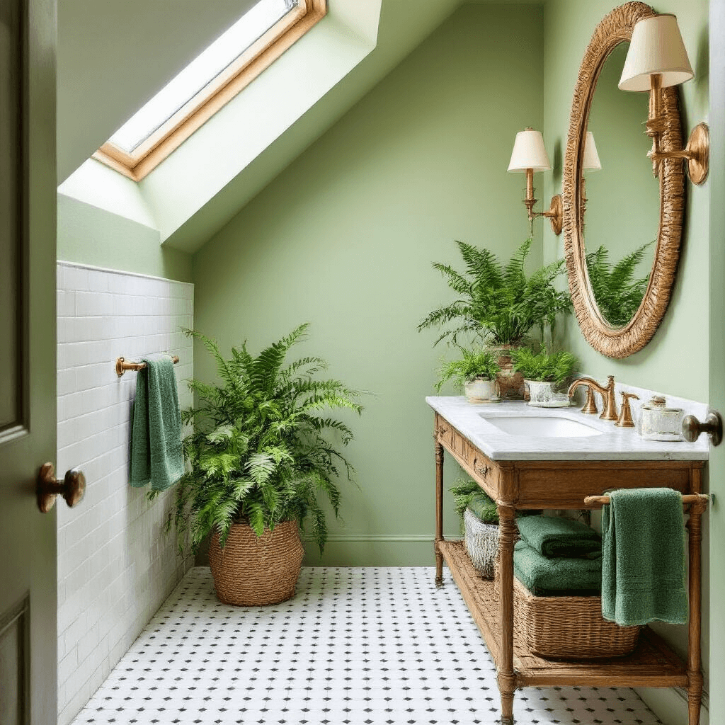 Sun-drenched guest bath featuring sage green walls, white penny tile floor, vintage brass vanity with potted ferns, rattan mirror, and brass sconces, with emerald green hand towels adding color, captured from an elevated angle.