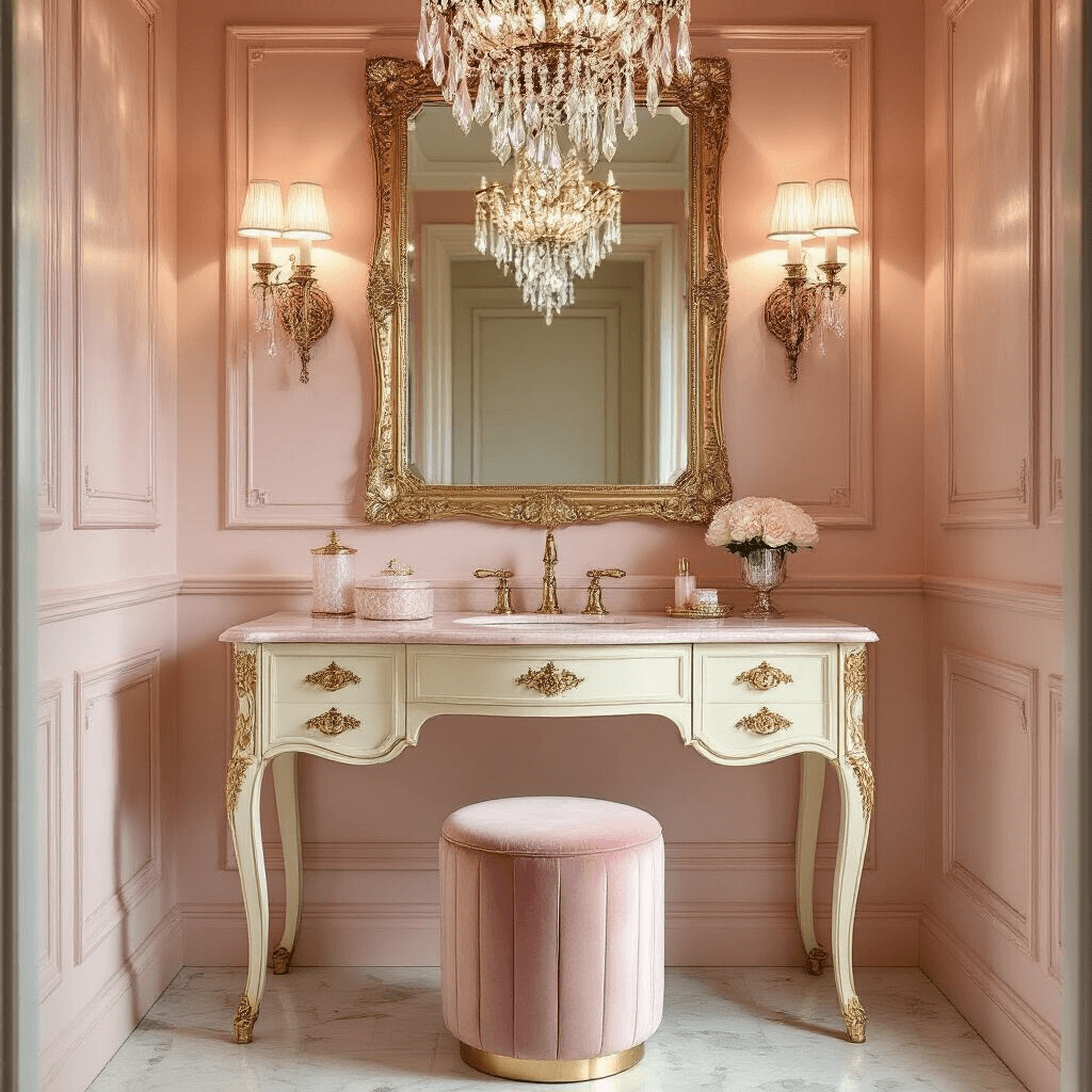 A vintage glamour powder room featuring blush pink walls and gold leaf molding, an art deco vanity topped with rose quartz, a crystal chandelier, and a plush velvet stool, all captured in symmetrical composition.
