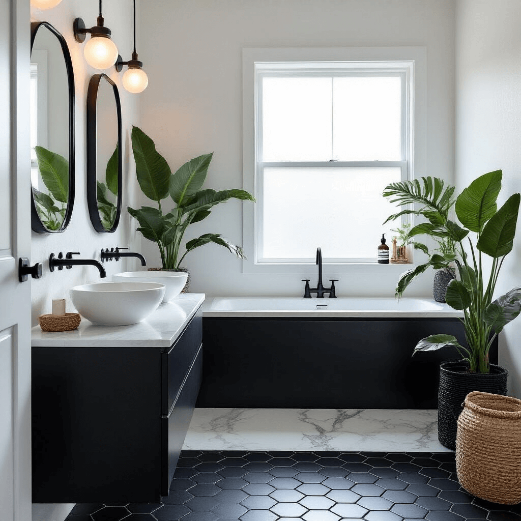 A modern bathroom featuring black hexagonal floor tiles, a floating black vanity with dual sinks, and veined white marble accents. Natural morning light streams through a frosted window, highlighting sleek black fixtures and metallic gold accessories, with a large monstera plant adding warmth to the monochrome decor. Textural elements include woven black baskets and plush charcoal towels.
