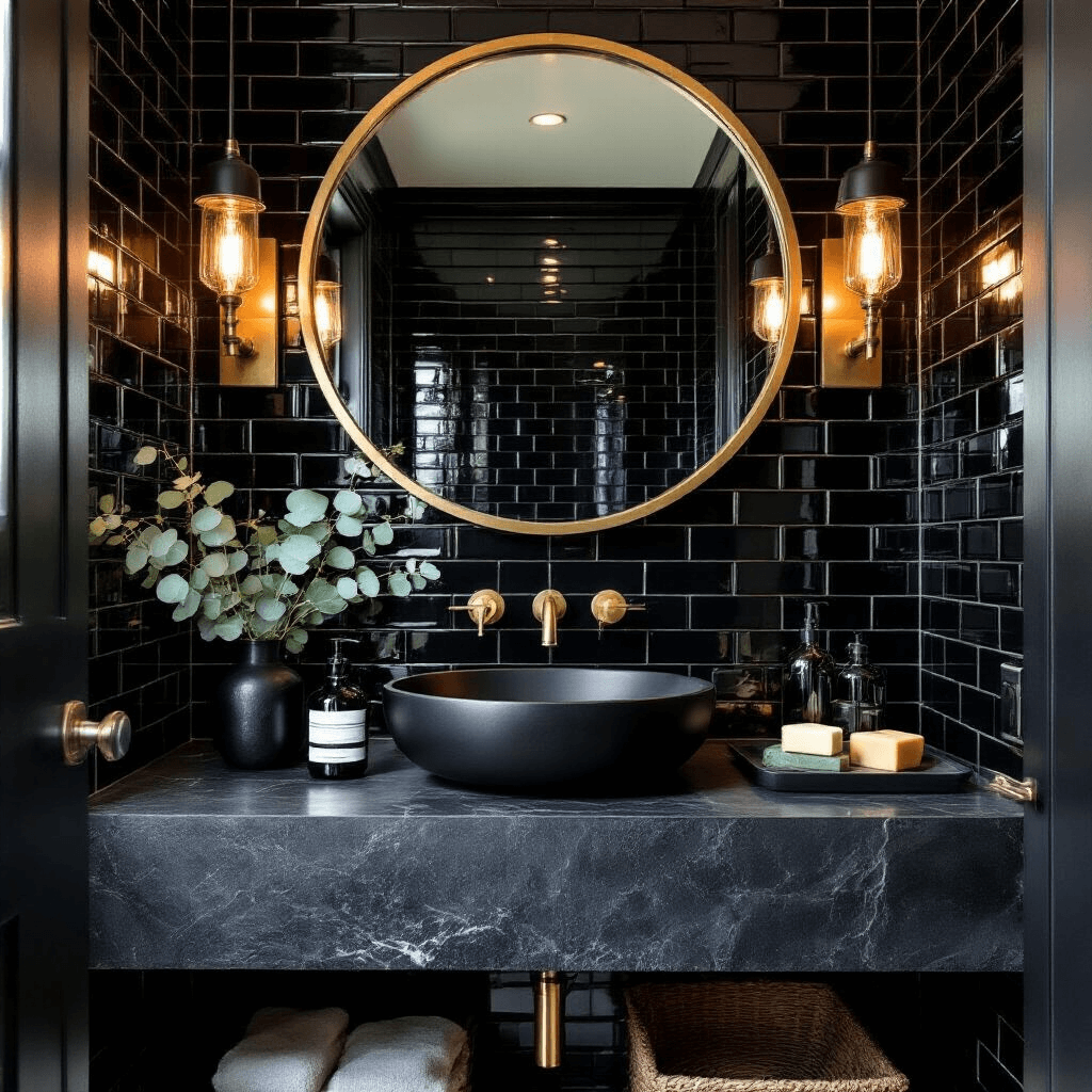 Intimate powder room with high-gloss black subway tiles and a round brass mirror above a black stone vanity, illuminated by modern sconces during golden hour, featuring eucalyptus, smoky glass canisters, and artisanal soaps on a black marble tray.