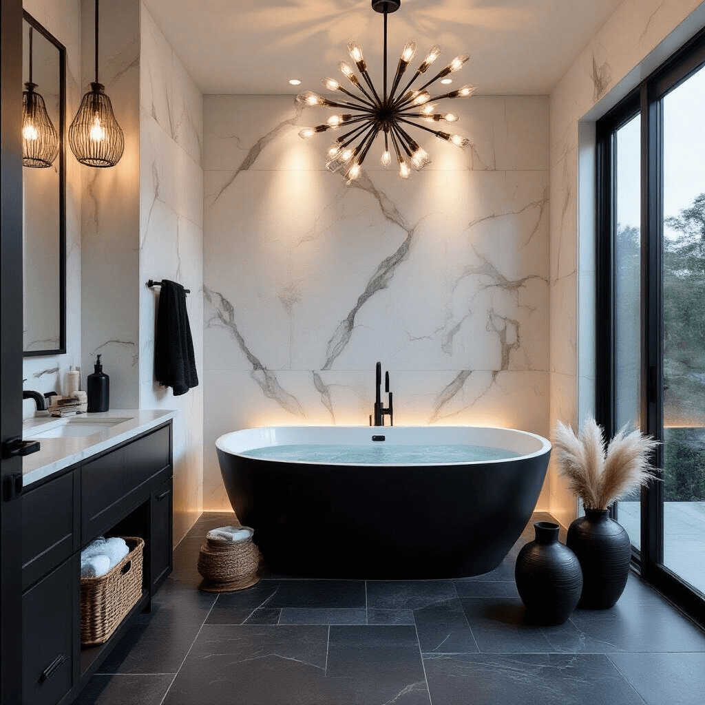 A luxurious master bathroom with oversized black slate floor tiles and white marble walls, featuring a freestanding matte black soaking tub beneath a modern sputnik chandelier. The elevated view showcases dramatic uplighting, layered decor with black waffle towels, a wooden bath caddy, and black ceramic vases with pampas grass, highlighting the textural interplay between stone, ceramic, and textiles.