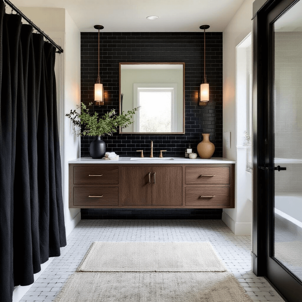 Contemporary guest bathroom featuring a black penny tile wall, dark stained oak floating vanity, and mixed metal finishes with matte black hardware and brushed gold accents, photographed in morning light to highlight textures and vertical elements.