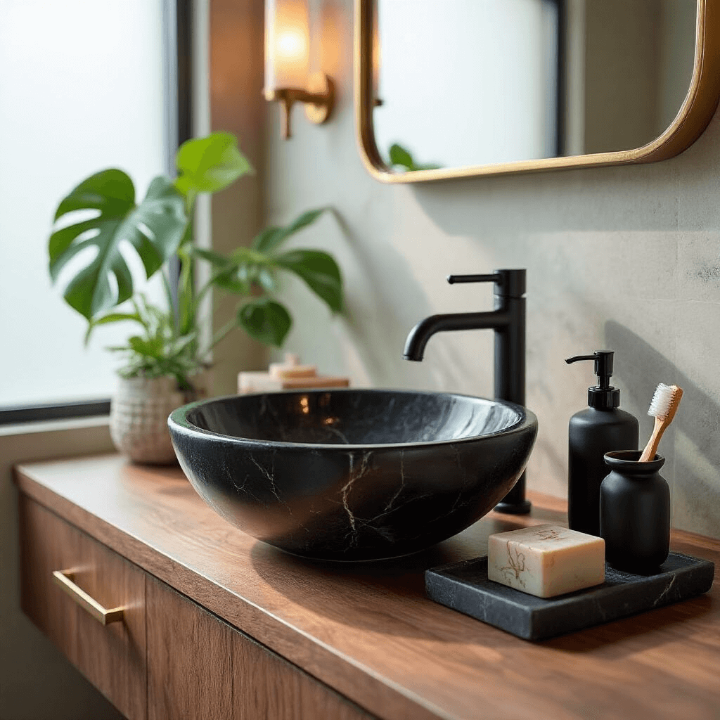 A luxurious sunlit bathroom featuring a black marble vessel sink on a walnut vanity, polished chrome fixtures, curated matte black accessories, and a potted monstera, all reflected in a brass-framed mirror.