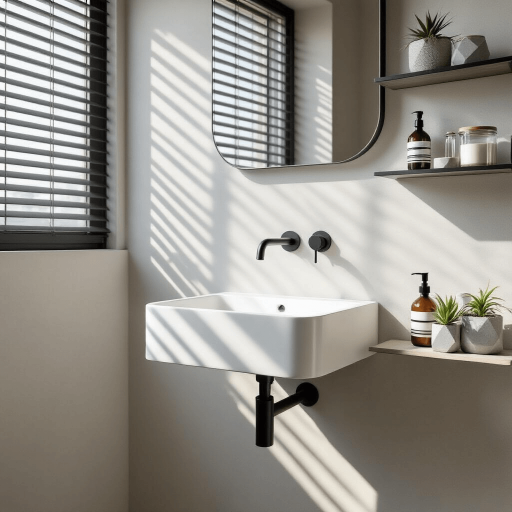 A compact urban bathroom featuring a sleek wall-mounted sink against pale grey microcement walls, accented by a matte black faucet and clear glass shelving. Late afternoon light creates dramatic shadows through slatted blinds, with air plants in geometric planters adding life to the minimalist design. The scene is shot from a low angle to highlight architectural elements and negative space in a cool color palette.