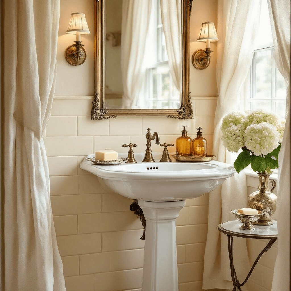 A spacious traditional bathroom featuring a vintage white porcelain pedestal sink, warm golden hour light, cream wall tiles, an antique brass mirror, and sconces surrounded by amber glass vessels, ivory soap dishes, and vintage perfume bottles on a silver tray, with fresh hydrangeas in a mercury glass vase, captured at a 50mm angle to highlight a romantic atmosphere.