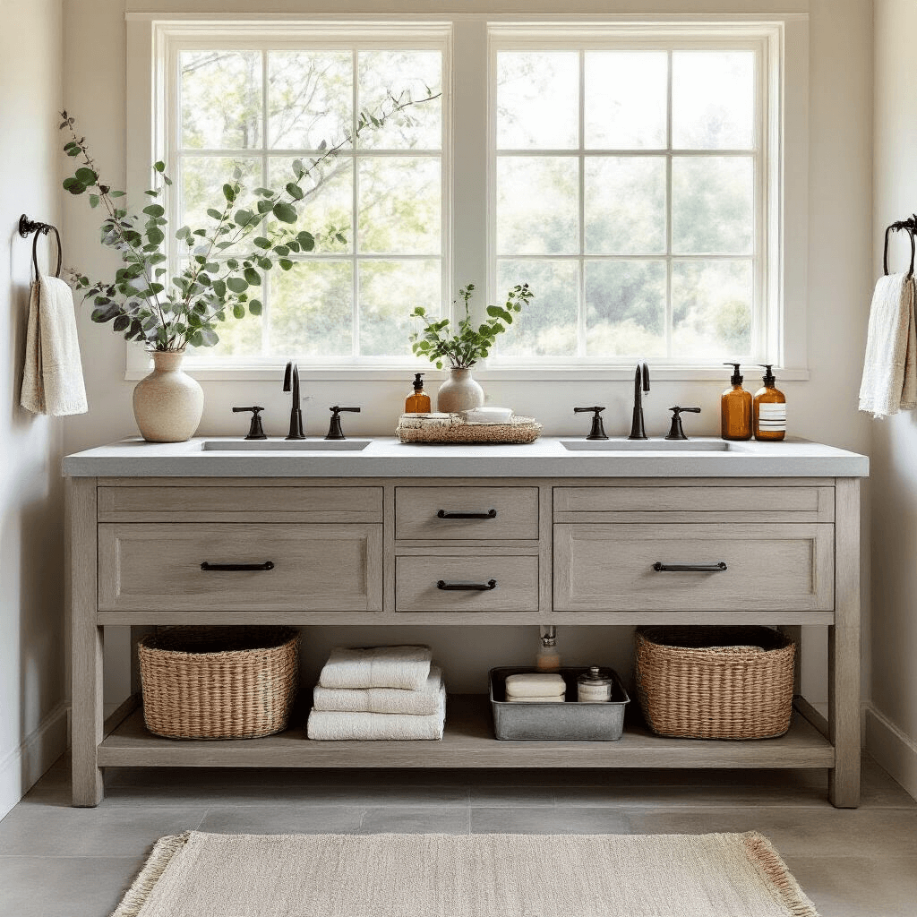 Bright modern farmhouse bathroom with a concrete-top double vanity in weathered grey oak, featuring woven baskets, raw linen towels, sage and cream ceramic accessories, amber-colored soap dispensers, and eucalyptus branches, all in a neutral palette accented with earth tones.