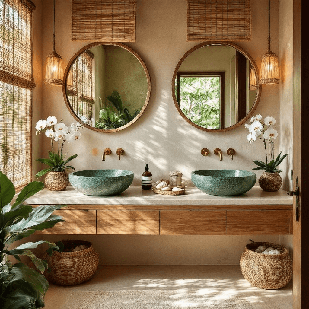 Expansive spa-inspired bathroom featuring a teak floating vanity with emerald green quartz, twin vessel sinks, and brass-framed mirrors, adorned with hand-carved wooden accessories and orchids, bathed in diffused afternoon light.