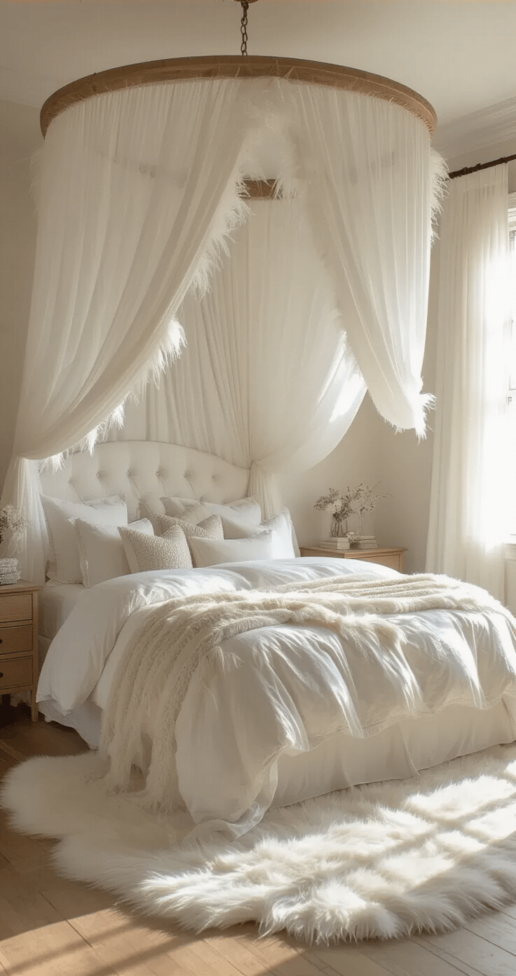 A serene master bedroom featuring a grand feather canopy cocoon bed with white netting, plush ivory bedding, and textured pillows, surrounded by minimalist oak furniture and a faux fur rug, all bathed in soft morning light.